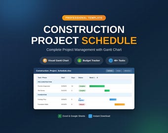 Construction Project Schedule Template | Gantt Chart Excel, Google Sheets
