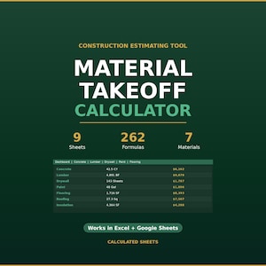 Material Takeoff Calculator Excel Template | Construction Estimating | Quantity Takeoff | Google Sheets