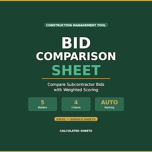 Bid Comparison Sheet Excel Template | Subcontractor Bid Analysis | Construction Bidding | Google Sheets