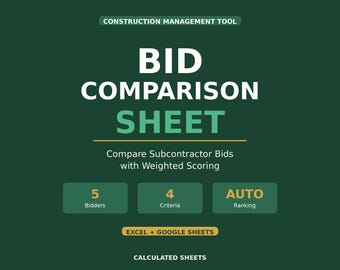 Bid Comparison Sheet Excel Template | Subcontractor Bid Analysis | Construction Bidding | Google Sheets