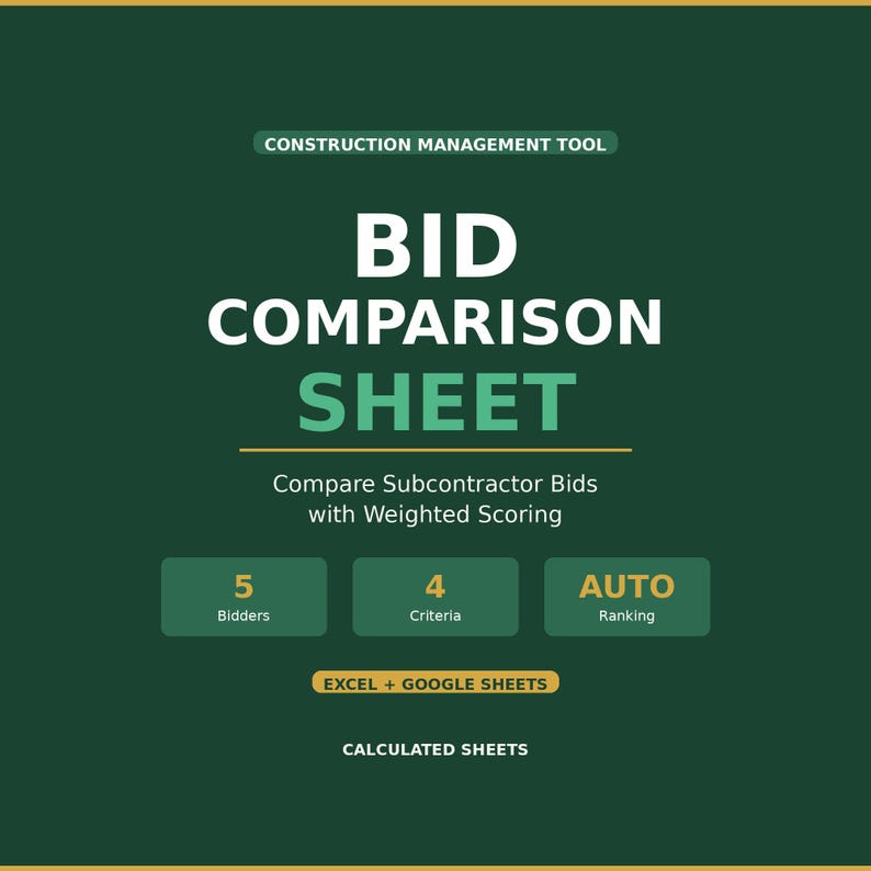 Bid Comparison Sheet Excel Template | Subcontractor Bid Analysis ...