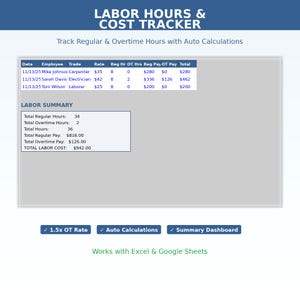 Può includere: Documento digitale "ORE DI LAVORO E TRACKER DEI COSTI" con una tabella che tiene traccia di ore, tariffe e stipendi dei dipendenti. Include un riepilogo del lavoro con ore e costi totali. Con "Calcoli automatici".