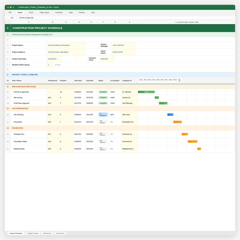 Construction Project Schedule Template | Gantt Chart Excel, Google ...