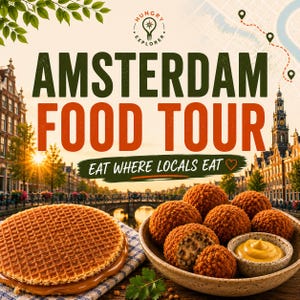 Op de afbeelding: Een promotionele afbeelding voor een Amsterdamse foodtour met een stroopwafel met karamelvulling en een schaaltje bitterballen met mosterd. De tekst luidt Hungry Explorer, Amsterdam Food Tour en Eat Where Locals Eat met een hartje.