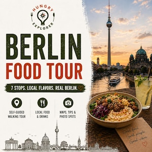 Peut inclure: Image promotionnelle pour une visite gastronomique de Berlin. L'image présente le texte "Berlin Food Tour" avec des icônes pour une visite à pied autoguidée, des plats et boissons locaux, et des cartes et lieux de photos. Un bol de nourriture et une boisson sont au premier plan, avec l'horizon de Berlin en arrière-plan.