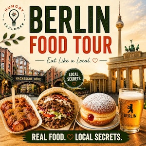 Puede incluir: Un anuncio de tour gastronómico en Berlín con currywurst, un kebab, un donut relleno y un vaso de cerveza con logo de oso. El texto incluye 'HUNGRY EXPLORER', 'BERLIN FOOD TOUR', 'Eat Like a Local', 'LOCAL SECRETS' y 'REAL FOOD. LOCAL SECRETS.'