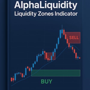 Può includere: Copertina di un libro blu scuro con il titolo "AlphaLiquidity" e "Liquidity Zones Indicator" in bianco. È visualizzato un grafico azionario con candele blu e rosse, con le etichette "BUY" e "SELL".
