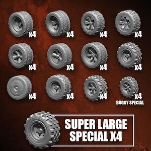 Pode incluir: Um kit de 13 modelos de rodas cinzentas, cada uma com a etiqueta "x4". O texto "WHEELS KIT" está no topo. O texto na parte inferior diz "13 MODELS" e "SUPER LARGE SPECIAL X4". Os diâmetros das rodas são 13 mm, 12 mm e 16 mm.