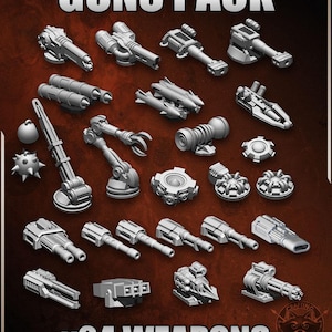 Könnte beinhalten: Eine Sammlung von 24 grauen Waffen, darunter verschiedene Waffendesigns, Roboterarme und andere futuristische Komponenten. Der Text "GUNS PACK" und "x24 WEAPONS" wird in weißen Blockbuchstaben auf einem dunkelroten Hintergrund angezeigt.