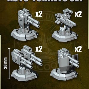 Pode incluir: Um conjunto de oito auto-torretas cinzentas, cada uma com 30 mm, exibidas em quatro designs diferentes, com duas de cada. O texto "AUTO-TURRETS SET" está no topo. As dimensões são indicadas com uma medida de 30 mm.