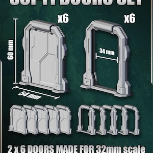 Peut inclure: Ensemble de portes de science-fiction pour jeux de société et wargaming. L'ensemble comprend six portes et six cadres de porte. Les portes mesurent 5,4 cm de large et 6 cm de haut. Les cadres de porte mesurent 3,4 cm de large. Texte : "SCI-FI DOORS SET".