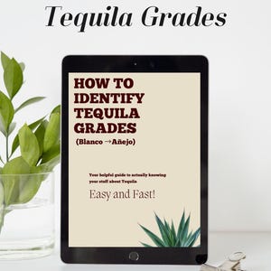 May include: A black tablet shows the text "How To Identify Tequila Grades" and "How to Identify Tequila Grades (Blanco → Añejo)". The tablet is on a white surface with a plant in a glass vase and a silver clip.