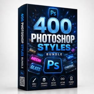 May include: A rectangular software product box featuring the text 400 PHOTOSHOP STYLES BUNDLE in large blue 3D lettering. The dark background displays various glowing style labels like NEON, GOLD, METAL, and GLASS, with a QR code on the side.