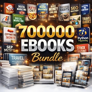 Könnte beinhalten: Werbebild für ein Bundle von 700.000 eBooks. Das Bild zeigt Stapel von Büchern, Tablets und Laptops, die Buchcover mit Titeln wie "Digital Marketing", "Keto Diet" und "Python Programming" anzeigen. Der Text "700000 EBOOKS Bundle" ist prominent dargestellt.