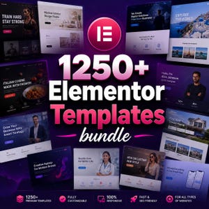 May include: A promotional image showcasing a bundle of 1250+ Elementor templates. The design features various website mockups, with text overlays highlighting features like 'Fully Customizable' and '100% Responsive'. The color scheme is predominantly purple and white.