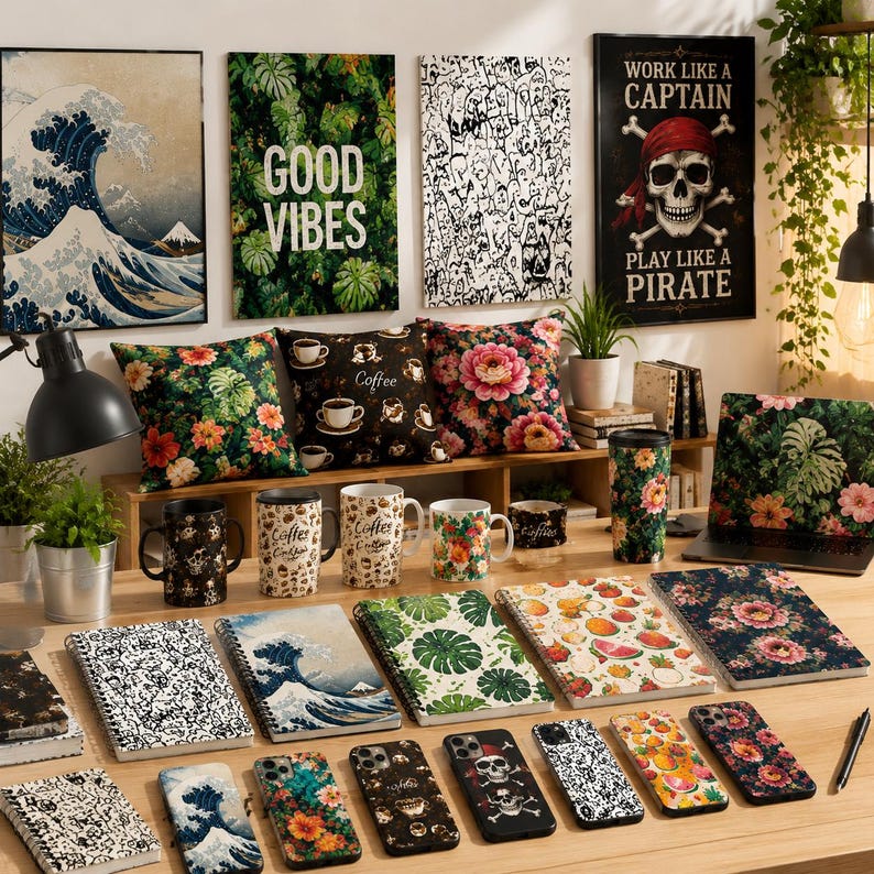 May include: A selection of homeware and office items with diverse designs. Includes cushions, mugs, notebooks, phone cases, and wall art. Designs feature floral patterns, coffee-themed graphics, and a pirate skull. The wall art includes a Japanese wave print.
