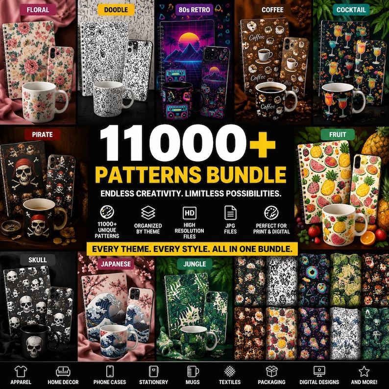 May include: A promotional image displaying a bundle of 11,000+ patterns. The image features various themed products, including phone cases, mugs, and stationery, with designs like floral, doodle, 80s retro, pirate, skull, coffee, cocktail, fruit, Japanese, and jungle themes. The text reads "11000+ PATTERNS BUNDLE".