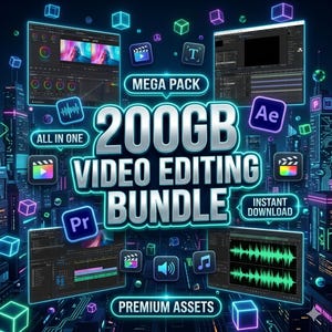 以下が含まれることがあります： ビデオ編集バンドルを宣伝するデジタルグラフィック。画像には、ソフトウェアインターフェースのスクリーンショット、アイコン、および「ALL IN ONE」、「INSTANT DOWNLOAD」、「PREMIUM ASSETS」という単語とともに、「MEGA PACK 200GB VIDEO EDITING BUNDLE」というテキストが表示されます。配色は主に青と緑です。