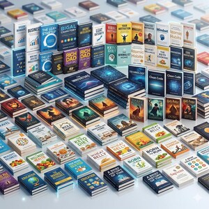 Op de afbeelding: Een verzameling hardcover boeken met verschillende titels, waaronder "Business", "The Lean Startup" en "Rich Dad Poor Dad". De boeken zijn gerangschikt op een wit oppervlak, met een focus op zaken, zelfhulp en educatieve onderwerpen.