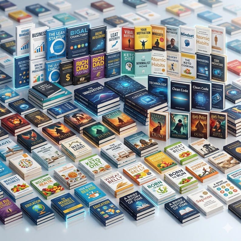 Op de afbeelding: Een verzameling hardcover boeken met verschillende titels, waaronder "Business", "The Lean Startup" en "Rich Dad Poor Dad". De boeken zijn gerangschikt op een wit oppervlak, met een focus op zaken, zelfhulp en educatieve onderwerpen.