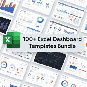 Può includere: Una raccolta di modelli di dashboard di Excel con vari grafici e diagrammi. L'immagine include il logo di Microsoft Excel e il testo "100+ Excel Dashboard Templates Bundle."