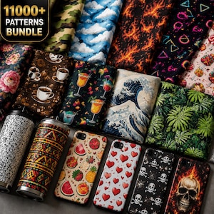 May include: An assortment of phone cases, tumblers, and fabric swatches with diverse patterns. Phone cases showcase designs such as fruit, hearts, and skulls. Tumblers feature geometric and speckled patterns. Fabric swatches display clouds, flames, and floral designs. Text reads "11000+ PATTERNS BUNDLE."