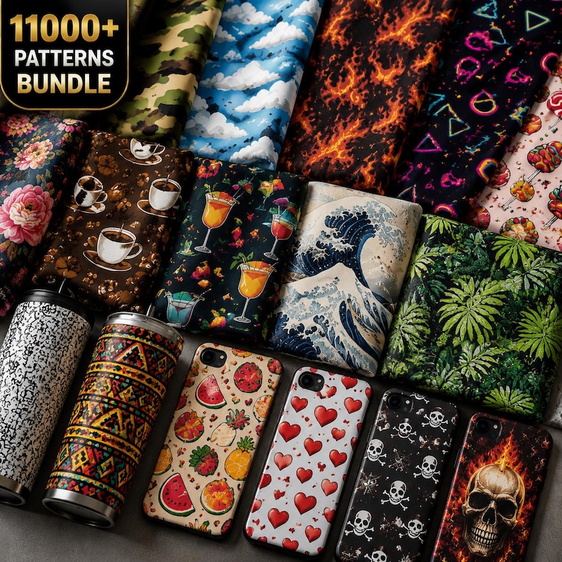 May include: An assortment of phone cases, tumblers, and fabric swatches with diverse patterns. Phone cases showcase designs such as fruit, hearts, and skulls. Tumblers feature geometric and speckled patterns. Fabric swatches display clouds, flames, and floral designs. Text reads "11000+ PATTERNS BUNDLE."