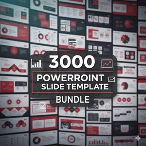Op de afbeelding: Een bundel van 3000 PowerPoint-sjabloon dia's in rood, wit en zwart. De afbeelding toont de tekst "3000 PowerPoint Slide Template Bundle" in wit op een zwarte achtergrond. De achtergrond is gevuld met verschillende dia-ontwerpen.