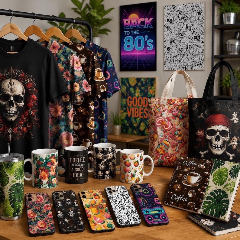 May include: A selection of items with diverse designs, including t-shirts, mugs, tote bags, phone cases, and notebooks. The designs feature floral patterns, skulls, coffee themes, and the text "Back to the 80's" and "Good Vibes".