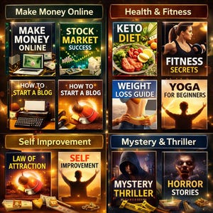 Op de afbeelding: Een verzameling boekomslagen met titels als "Make Money Online", "Stock Market Success", "Keto Diet" en "Fitness Secrets". Andere titels zijn "How to Start a Blog", "Weight Loss Guide" en "Yoga for Beginners". De afbeelding bevat ook "Law of Attraction", "Self Improvement", "Mystery Thriller" en "Horror Stories".