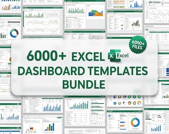May include: A collection of Excel dashboard templates. The image features a large banner with the text "6000+ EXCEL DASHBOARD TEMPLATES BUNDLE" in green. The banner is surrounded by various Excel spreadsheet examples with charts and graphs.
