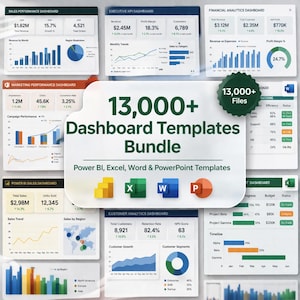 Puede incluir: Un paquete de más de 13.000 plantillas de paneles para Power BI, Excel, Word y PowerPoint. La imagen muestra varias visualizaciones de datos, gráficos y diagramas, incluidos paneles de rendimiento de ventas, análisis financiero y marketing. El paquete incluye una variedad de archivos.