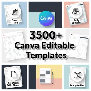 May include: A graphic featuring the Canva logo and the text "3500+ Canva Editable Templates." The image includes icons with text such as "Save Time," "Fully Editable," "No Design Skills Needed," and "Ready-to-Use," suggesting design resources.