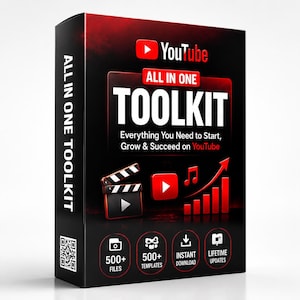 May include: A black box with red accents displays the YouTube logo and the words "ALL IN ONE TOOLKIT." The text "Everything You Need to Start, Grow & Succeed on YouTube" is also visible. Icons for files, templates, and downloads are shown.