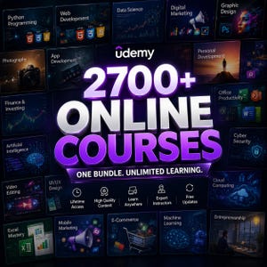 Könnte beinhalten: Werbegrafik für Udemy mit dem Text "2700+ ONLINE-KURSE". Das Bild zeigt verschiedene Kursbereiche wie Webentwicklung, Data Science und Digitales Marketing, mit zugehörigen Symbolen und Logos, zur Förderung des Online-Lernens.