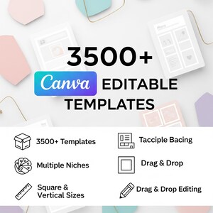 May include: An image with the text "3500+ Canva EDITABLE TEMPLATES". The image includes icons and text such as "3500+ Templates", "Multiple Niches", "Square & Vertical Sizes", "Tacciple Bacing", "Drag & Drop", and "Drag & Drop Editing". The background has pastel shapes.