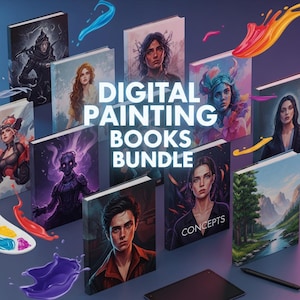 Könnte beinhalten: Ein Bundle digitaler Malbücher mit verschiedenen Fantasy-Art-Covern. Die Bücher zeigen Porträts und Landschaften, mit dem Text "DIGITAL PAINTING BOOKS BUNDLE". Ein Stift und ein Tablet sind unten sichtbar.
