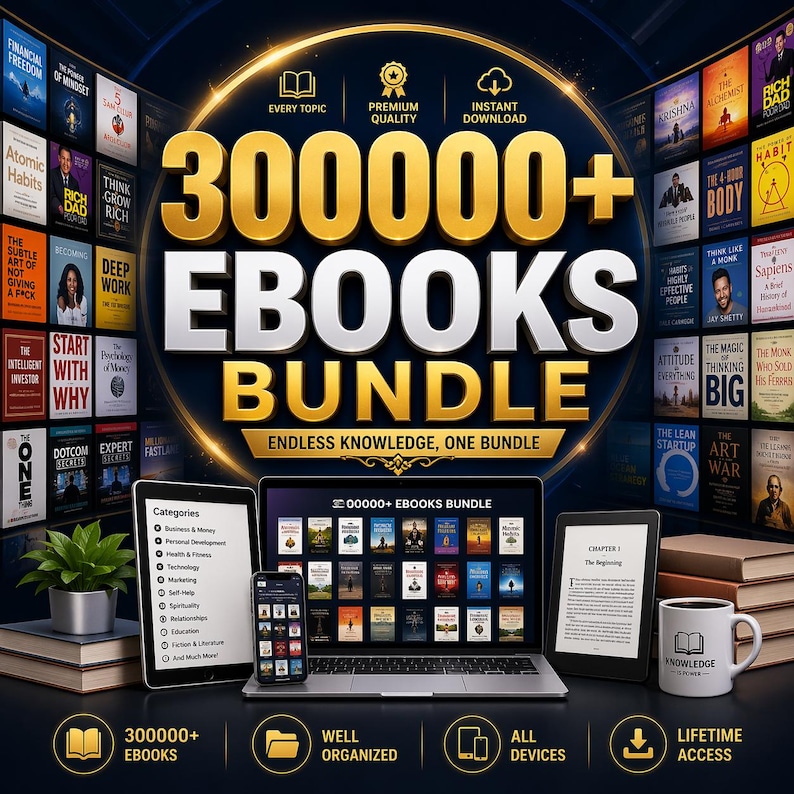 Op de afbeelding: Afbeelding ter promotie van een eBook-bundel met meer dan 300.000 titels. Het ontwerp is goud en blauw, met een laptop, tablet en smartphone die de eBooks presenteren. De tekst luidt "300000+ EBOOKS BUNDLE" en "Endless Knowledge, One Bundle."