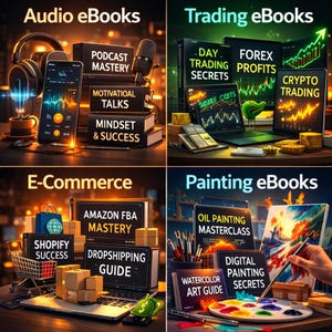Op de afbeelding: Afbeelding met vier categorie&euml;n eBooks: Audio, Trading, E-Commerce en Schilderen. Elke categorie bevat relevante boeken, laptops en accessoires. De Audio-sectie bevat een koptelefoon en een microfoon. De Trading-sectie toont financi&euml;le grafieken. De E-Commerce-sectie heeft een winkelwagentje. De Schilderen-sectie toont kunstbenodigdheden.