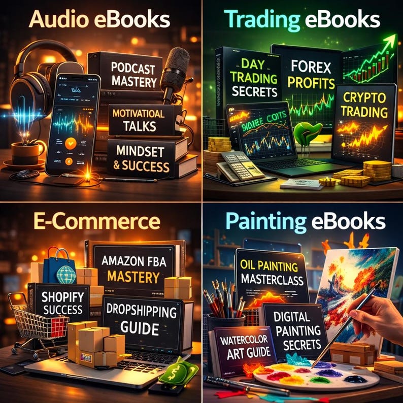 Op de afbeelding: Afbeelding met vier categorie&euml;n eBooks: Audio, Trading, E-Commerce en Schilderen. Elke categorie bevat relevante boeken, laptops en accessoires. De Audio-sectie bevat een koptelefoon en een microfoon. De Trading-sectie toont financi&euml;le grafieken. De E-Commerce-sectie heeft een winkelwagentje. De Schilderen-sectie toont kunstbenodigdheden.