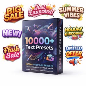 May include: A black box featuring "10000+ Text Presets" and other text, with colourful graphics. The image includes sale badges such as "Big Sale" and "Flash Sale", and other promotional text.