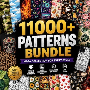 May include: A promotional image showcasing a digital patterns bundle. The image features a variety of patterns, including flames, clouds, and floral designs. Text on the image reads "11000+ PATTERNS BUNDLE" and "MEGA COLLECTION FOR EVERY STYLE".