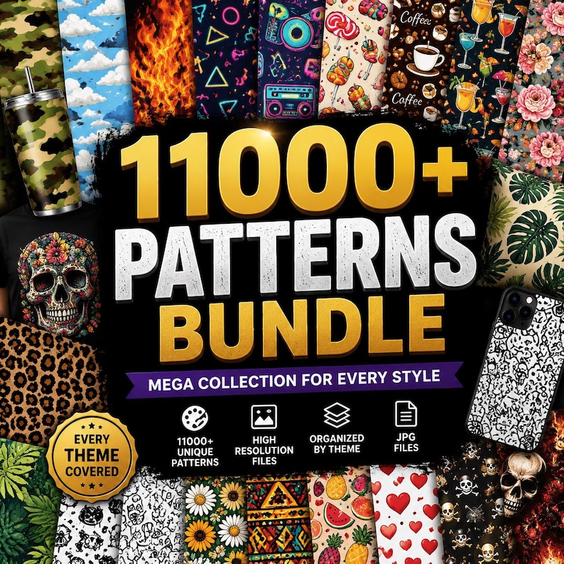 May include: An image advertising a digital patterns bundle with diverse designs. The image displays patterns like flames, clouds, and floral motifs. Text on the image reads "11000+ PATTERNS BUNDLE" and "MEGA COLLECTION FOR EVERY STYLE".