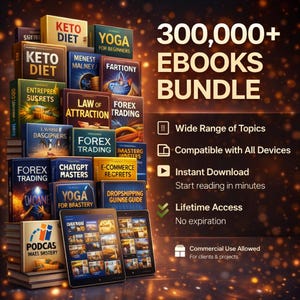 Op de afbeelding: Afbeelding van een verzameling e-books met titels als "Keto Diet" en "Forex Trading". Twee tablets tonen e-book covers, met de tekst "300.000+ Ebooks Bundle" en informatie over direct downloaden en levenslange toegang.