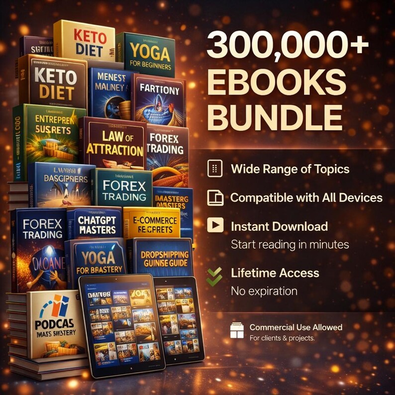 Op de afbeelding: Afbeelding van een verzameling e-books met titels als "Keto Diet" en "Forex Trading". Twee tablets tonen e-book covers, met de tekst "300.000+ Ebooks Bundle" en informatie over direct downloaden en levenslange toegang.