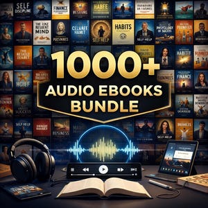 Puede incluir: Imagen promocional de un paquete de audiolibros. La imagen presenta una colección de portadas de libros con títulos como "Finanzas" y "Autoayuda". El texto "1000+ Audio Ebooks Bundle" se muestra de forma destacada. También se ven auriculares, una tableta y un libro abierto.