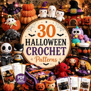 Puede incluir: Una colección de 30 patrones de ganchillo de Halloween con un letrero circular central con el texto 30 HALLOWEEN CROCHET Patterns, rodeado de varias figuras de ganchillo que incluyen fantasmas, calabazas, una araña, un murciélago y muñecos.