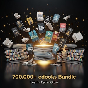May include: An image showcasing a collection of ebooks, laptops, and smartphones. The books are titled "Making Money", "Stock Trading", "Digital Marketing", and more. The text at the bottom reads "700,000+ ebooks Bundle" with the words "Learn, Earn, Grow".