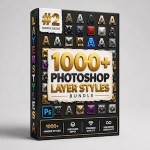 May include: A black box featuring the text "#2 Bundle Bazar" and "1000+ Photoshop Layer Styles Bundle." The box displays various letter designs and icons, including the Photoshop logo. The text "1000+ Unique Styles" is also visible.