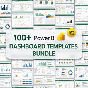 Puede incluir: Un conjunto de plantillas de paneles de control de Power BI. La imagen presenta numerosos ejemplos de visualización de datos con gráficos y tablas. Una pancarta central dice "100+ Power BI Dashboard Templates Bundle" con un logotipo amarillo y naranja.